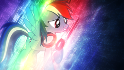 Size: 1024x576 | Tagged: safe, artist:tzolkine, rainbow dash, pegasus, pony, blue coat, female, goggles, mare, multicolored mane, solo, wallpaper