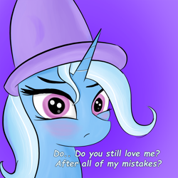 Size: 1500x1500 | Tagged: safe, artist:twiren, derpibooru import, trixie, pony, unicorn, blushing, bust, female, looking at you, mare, portrait, question, solo