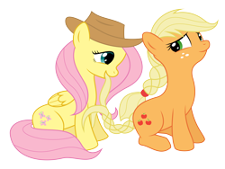 Size: 7200x5400 | Tagged: safe, artist:bri-sta, artist:mamandil, applejack, fluttershy, earth pony, pegasus, pony, absurd resolution, accessory swap, alternate hairstyle, appleshy, female, lesbian, shipping, simple background, transparent background, vector