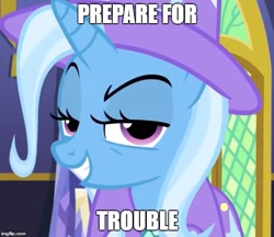 Size: 579x500 | Tagged: safe, derpibooru import, edit, edited screencap, screencap, trixie, pony, unicorn, no second prances, caption, female, mare, meme, no second glances, pokémon, solo, team rocket