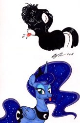 Size: 1138x1732 | Tagged: safe, artist:newyorkx3, princess luna, oc, oc:tommy junior, alicorn, pony, tongue out, traditional art