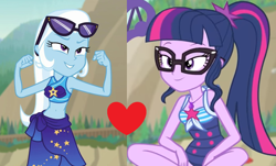 Size: 1392x840 | Tagged: safe, derpibooru import, edit, edited screencap, screencap, sci-twi, trixie, twilight sparkle, better together, equestria girls, forgotten friendship, clothes, female, glasses, lesbian, sci-twixie, shipping, shipping domino, swimsuit, twixie