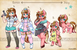 Size: 1600x1035 | Tagged: safe, artist:shepherd0821, oc, oc only, oc:felicity, anthro, human, pony, semi-anthro, unguligrade anthro, unicorn, anthro chart, anthro oc, anthro with ponies, apron, bipedal, breasts, clothes, cute, female, garters, human female, humanized, humanized oc, knife, mare, ocbetes, smiling, stockings, thigh highs