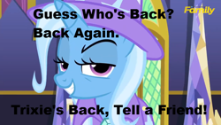 Size: 800x450 | Tagged: safe, derpibooru import, edit, edited screencap, screencap, trixie, pony, unicorn, no second prances, eminem, female, grin, mare, meme, no second glances, slim shady, smirk, song reference, without me (eminem)