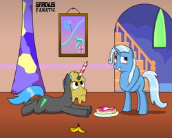 Size: 2118x1702 | Tagged: safe, artist:gradiusfanatic, derpibooru import, trixie, oc, accident, banana, cake, candle, food, stairs