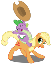 Size: 3613x4438 | Tagged: safe, artist:qtmarx, applejack, spike, dragon, earth pony, pony, applespike, female, male, shipping, straight