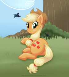 Size: 915x1020 | Tagged: safe, artist:hollowzero, applejack, butterfly, earth pony, pony, bush, butt, female, grass, looking at you, looking back, looking back at you, mare, plot, prone, smiling, tree