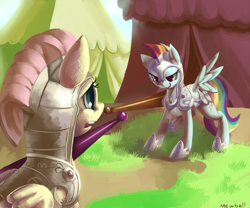 Size: 1188x990 | Tagged: safe, artist:mewball, fluttershy, rainbow dash, pegasus, pony, armor, jousting, scene interpretation