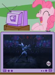 Size: 733x1004 | Tagged: safe, pinkie pie, pony, dancing, exploitable meme, hub logo, meme, starscream, transformers, tv meme