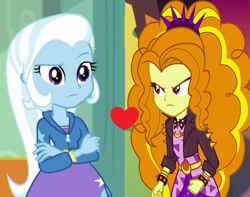 Size: 895x704 | Tagged: safe, derpibooru import, edit, edited screencap, screencap, adagio dazzle, trixie, a little birdie told me, better together, equestria girls, sunset's backstage pass!, female, heart, lesbian, shipping, shipping domino, triagio