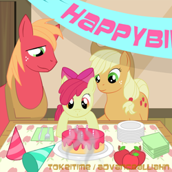 Size: 1500x1500 | Tagged: safe, artist:tokeitime, apple bloom, applejack, big macintosh, earth pony, pony, apple siblings, birthday, cake, male, stallion