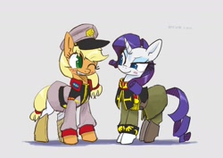 Size: 2000x1414 | Tagged: safe, artist:satv12, applejack, rarity, earth pony, pony, unicorn, boots, earth federation, eyeshadow, female, grin, gundam, lesbian, makeup, military uniform, mobile suit gundam, one eye closed, principality of zeon, rarijack, shipping, shoes, smiling, wink, zeon