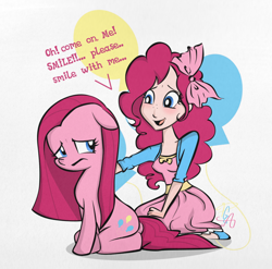 Size: 1024x1011 | Tagged: dead source, safe, artist:pa0oliitahw, pinkie pie, earth pony, human, pony, clothes, dialogue, dress, duality, duo, duo female, female, human ponidox, humanized, mare, pinkamena diane pie, sad, self ponidox, shoes, text