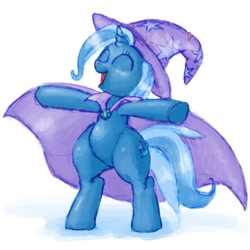 Size: 1024x1024 | Tagged: safe, artist:remyroez, derpibooru import, trixie, pony, bipedal, cape, clothes, eyes closed, open mouth, simple background, smiling, solo, standing, thick, white background