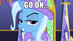 Size: 610x343 | Tagged: safe, derpibooru import, edit, edited screencap, screencap, trixie, pony, unicorn, no second prances, dreamworks face, female, go on, grin, image macro, imgur, mare, meme, no second glances, reaction image, smirk, trixie yells at everything