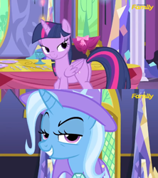 Size: 500x562 | Tagged: safe, derpibooru import, screencap, trixie, twilight sparkle, twilight sparkle (alicorn), alicorn, pony, no second prances, comparison, context is for the weak, eyebrows, female, grin, lesbian, lidded eyes, mare, out of context, plot, raised eyebrow, shipping, smirk, smug, twixie, wanker