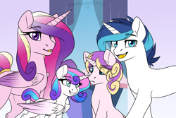 Size: 1200x800 | Tagged: safe, artist:rainbowdrool, princess cadance, princess flurry heart, princess skyla, shining armor, pony, unicorn, spoiler:s06, alternate universe, crystal sisters, family, family photo, from dust to mist, grin, looking at you, offspring, open mouth, parent:princess cadance, parent:shining armor, parents:shiningcadance, race swap, sisters, translucent mane, tumblr:from dust to mist