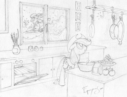 Size: 923x701 | Tagged: dead source, safe, artist:jackjacko-eponymous, apple bloom, applejack, earth pony, pony, clothes, duo, female, kitchen, lineart, mare, monochrome, scarf, sketch, sledding, snow, snowfall, traditional art, winter