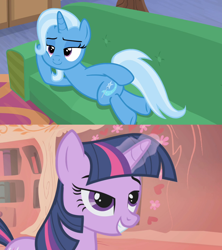 Size: 1280x1440 | Tagged: safe, derpibooru import, edit, screencap, trixie, twilight sparkle, unicorn twilight, pony, unicorn, boast busters, road to friendship, draw me like one of your french girls, female, golden oaks library, lesbian, shipping, shipping domino, twixie