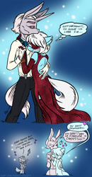 Size: 728x1400 | Tagged: safe, artist:kaemantis, photo finish, zesty gourmand, oc, oc:vixen grin, anthro, earth pony, mule, muleicorn, unicorn, backless, blue background, blushing, bowtie, clothes, dancing, dress, dress shirt, ear piercing, earring, evening gloves, eyepatch, female, german, gloves, gradient background, heart, jewelry, lesbian, long gloves, microphone, piercing, shipping, side slit, simple background, stockings, suspenders, thigh highs, zestyfinish