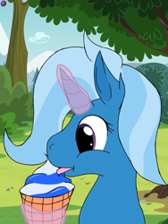 Size: 3072x4096 | Tagged: safe, artist:terminalhash, derpibooru import, trixie, pony, unicorn, food, ice cream, licking, solo, tongue out, vector background