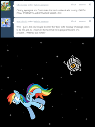 Size: 600x800 | Tagged: safe, artist:dekomaru, rainbow dash, pegasus, pony, ask, bracelet, crossover, epic wife tossing, epic win, female, floating, jewelry, mare, portal (valve), portal 2, simple background, solo, space, space core, stars, tumblr, tumblr:ask twixie