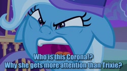 Size: 1280x720 | Tagged: safe, derpibooru import, edit, edited screencap, screencap, trixie, pony, unicorn, to where and back again, angry, caption, coronavirus, covid-19, faic, female, floppy ears, grammar error, image macro, jealous, mare, meme, open mouth, solo, talking to viewer, text, text edit, trixie yells at everything, trixie's wagon