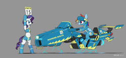 Size: 2000x920 | Tagged: safe, artist:satv12, rainbow dash, rarity, pegasus, pony, semi-anthro, unicorn, armpits, belly button, biker, bipedal, boots, clothes, electricity, floating, gray background, high heel boots, hoverbike, miniskirt, race, race queen, shoes, side slit, simple background, skirt, top, uniform, wonderbolts uniform