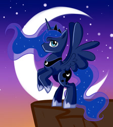 Size: 1100x1234 | Tagged: safe, artist:phillyphia, princess luna, alicorn, pony, moon, night, rearing, solo, spread wings