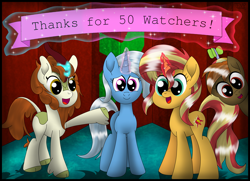 Size: 3509x2544 | Tagged: safe, artist:thevintagepone, derpibooru import, autumn blaze, button mash, sunset shimmer, trixie, kirin, pony, unicorn, aura, banner, deviantart, deviantart logo, happy, hat, horn, propeller hat, stage