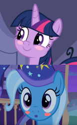 Size: 536x866 | Tagged: safe, derpibooru import, edit, edited screencap, screencap, trixie, twilight sparkle, twilight sparkle (alicorn), alicorn, the ending of the end, to where and back again, blushing, female, lesbian, shipping, shipping domino, twixie