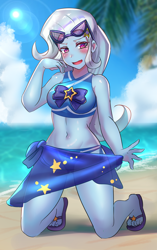 Size: 2200x3500 | Tagged: safe, artist:tzc, derpibooru import, trixie, equestria girls, equestria girls series, forgotten friendship, adorasexy, anime, beach, belly button, blushing, clothes, cute, diatrixes, feet, female, high res, kneeling, looking at you, midriff, ocean, open mouth, sand, sandals, sarong, see-through, sexy, solo, sunglasses, swimsuit