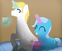 Size: 1106x900 | Tagged: safe, artist:penguinsn1fan, derpibooru import, prince blueblood, trixie, pony, unicorn, alternate hairstyle, bluetrix, coffee, cutie mark, female, magic, male, mare, shipping, sitting, stallion, straight