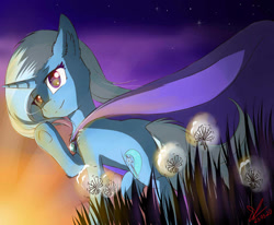 Size: 1040x859 | Tagged: safe, artist:yuris, derpibooru import, trixie, pony, unicorn, cheek fluff, chest fluff, crepuscular rays, dandelion, ear fluff, female, leg fluff, mare, night, sky, solo, stars, sunset