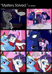 Size: 2860x4038 | Tagged: safe, artist:zsparkonequus, princess luna, rarity, trixie, twilight sparkle, alicorn, pony, unicorn, luna eclipsed, blushing, cardboard cutout, comic, dialogue, female, lesbian, mare, nose wrinkle, rarixie, shipping, sweat, sweatdrop, vulgar, wavy mouth