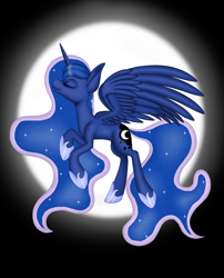 Size: 1736x2148 | Tagged: safe, artist:margo24, princess luna, alicorn, pony, eyes closed, flying, moon, solo