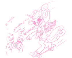 Size: 1000x800 | Tagged: safe, artist:zaphy1415926, princess cadance, human, pony, bipedal, monochrome, skateboard, sketch, totally radical