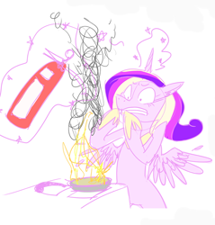 Size: 684x716 | Tagged: safe, artist:zaphy1415926, princess cadance, alicorn, pony, cooking, fire, fire extinguisher, magic, solo, telekinesis, this will end in tears and/or breakfast