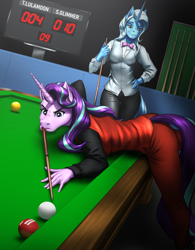 Size: 2527x3238 | Tagged: safe, artist:mykegreywolf, derpibooru import, starlight glimmer, trixie, anthro, unicorn, billiard ball, billiards, bowtie, clothes, commissioner:citizenwolf, competition, concentrating, cue ball, duo, eyebrows, eyelashes, eyes on the prize, female, leaning, leaning forward, leaning on table, mare, pool cue, pool table, scoreboard, thigh gap, vest