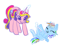 Size: 569x429 | Tagged: safe, artist:zaphy1415926, princess cadance, rainbow dash, alicorn, pegasus, pony, feather, filly, magic, telekinesis, tickling, younger