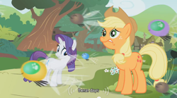 Size: 500x277 | Tagged: safe, screencap, applejack, rarity, earth pony, parasprite, pony, unicorn, youtube caption