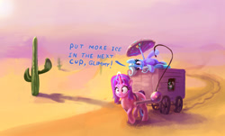 Size: 2870x1739 | Tagged: safe, artist:xbi, derpibooru exclusive, derpibooru import, starlight glimmer, trixie, pony, unicorn, ball, cactus, cart, cup, desert, duo, female, food, ice, ice cube, mare, sweat, tabun art-battle, tabun art-battle finished after, tea, umbrella