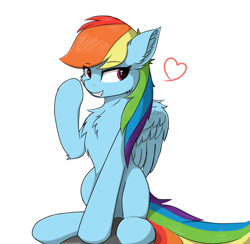 Size: 3500x3414 | Tagged: safe, artist:d.w.h.cn, rainbow dash, pegasus, pony, chest fluff, female, floating heart, heart, looking at something, mare, raised hoof, simple background, sitting, smiling, solo, white background