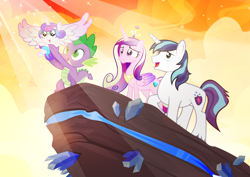 Size: 1200x850 | Tagged: safe, artist:pixelkitties, princess cadance, princess flurry heart, shining armor, spike, alicorn, dragon, pony, unicorn, the crystalling, crystal, female, filly, foal, male, mare, parody, pride rock, scene parody, spread wings, stallion, that was fast, the lion king, wings