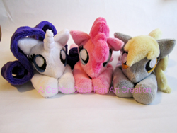 Size: 900x675 | Tagged: artist needed, safe, derpy hooves, fluttershy, pinkie pie, pegasus, pony, beanie (plushie), female, irl, mare, photo, plushie