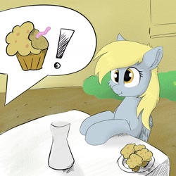 Size: 1658x1656 | Tagged: safe, artist:d.w.h.cn, derpy hooves, worm, baked bads, food, muffin, scrunchy face, speech bubble, table