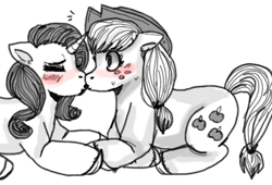 Size: 600x408 | Tagged: safe, artist:daydreampony, applejack, rarity, earth pony, pony, unicorn, blushing, female, kissing, lesbian, rarijack, shipping