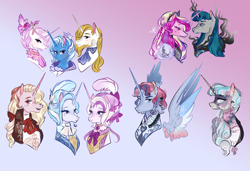 Size: 2597x1778 | Tagged: safe, artist:bunnari, derpibooru import, fleur-de-lis, prince blueblood, princess cadance, stygian, trixie, oc, alicorn, pony, alicorn oc, bluetrix, bust, family, female, fleur-de-blueblood, fleur-de-bluetrix, half-siblings, male, offspring, parent:fleur-de-lis, parent:prince blueblood, parent:princess cadance, parent:shining armor, parent:stygian, parent:trixie, parents:bluetrix, parents:fleur-de-blueblood, parents:shiningcadance, polyamory, shipping, straight