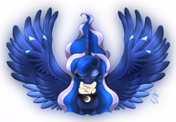 Size: 3300x2300 | Tagged: safe, artist:joakaha, princess luna, alicorn, pony, artificial wings, augmented, eyes closed, magic, magic wings, mouth hold, note, simple background, solo, spread wings, wings