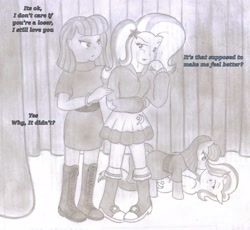 Size: 2610x2400 | Tagged: safe, artist:poseidonathenea, derpibooru import, maud pie, trixie, equestria girls, crying, female, human ponidox, lesbian, mauxie, monochrome, pencil drawing, ponidox world, shipping, stage, traditional art